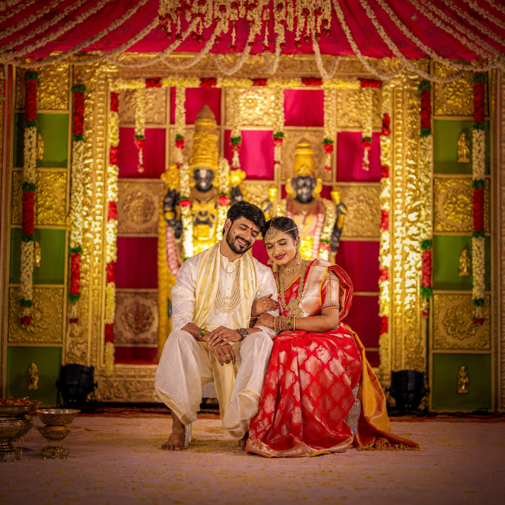 Couple at venue with fairy lights