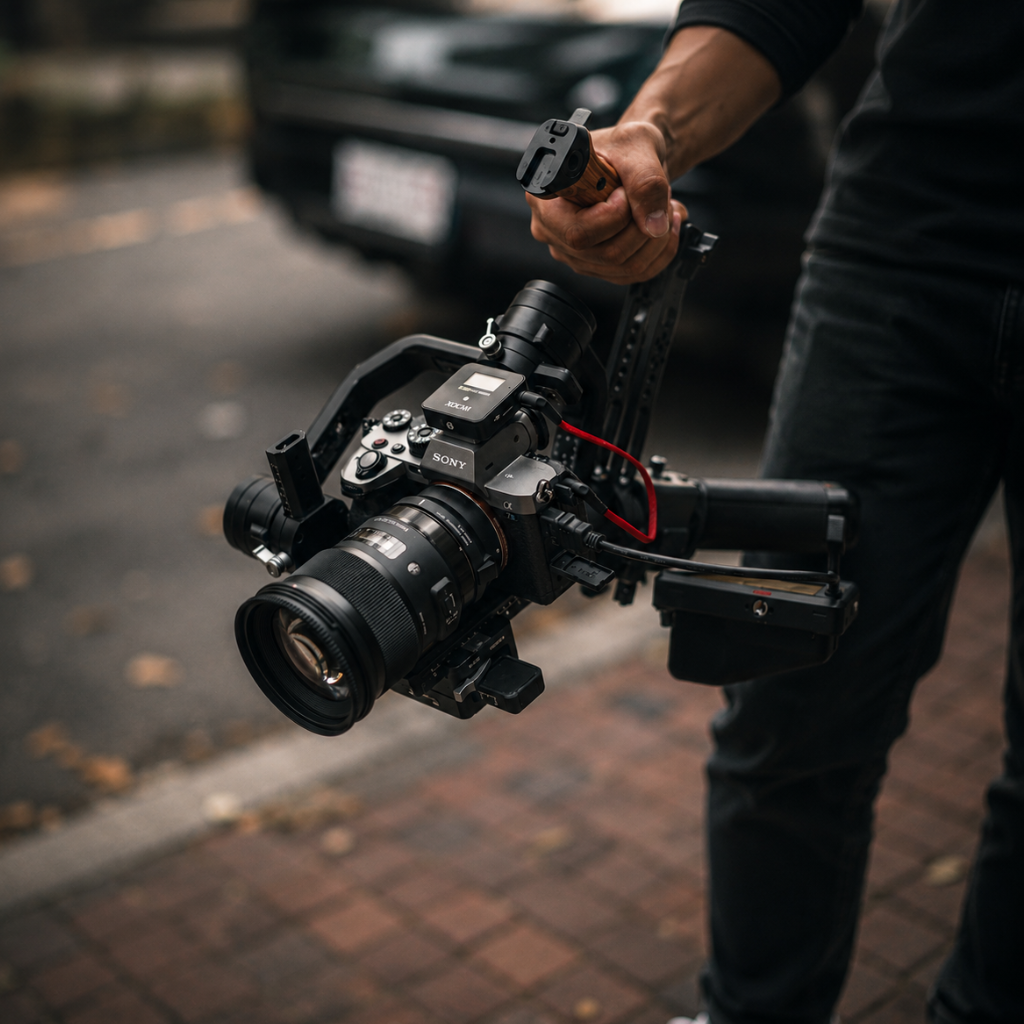 Professional wedding filmmaking team at work